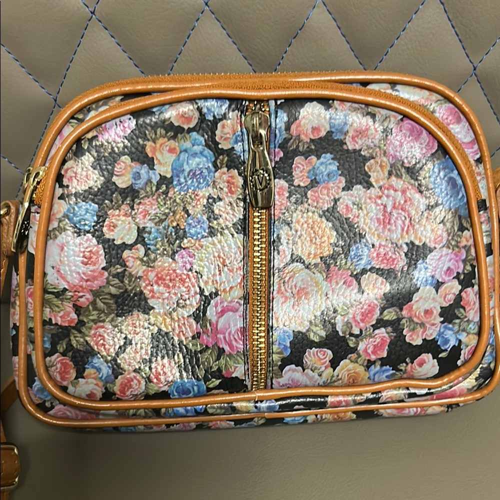 Valentina Floral Crossbody Bag with Tan Accents Made in Italy